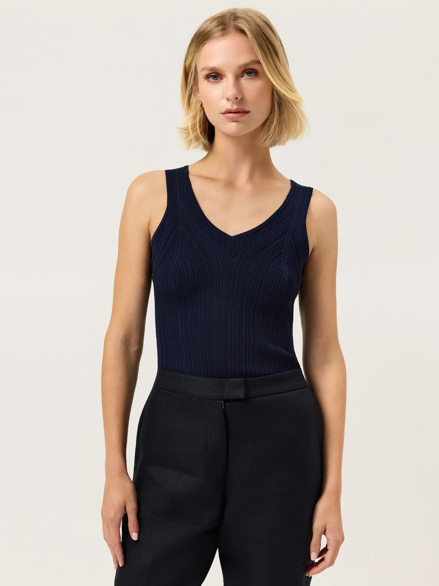 V-Neck Rib Top In Viscose blend With Pointelle Detail - Image 5
